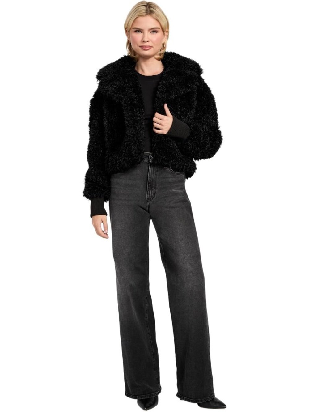 Guess Women's Jet Black Flavie Notch Collar Long Sleeve Faux Fur Crop Jackets - Picture 2 of 4